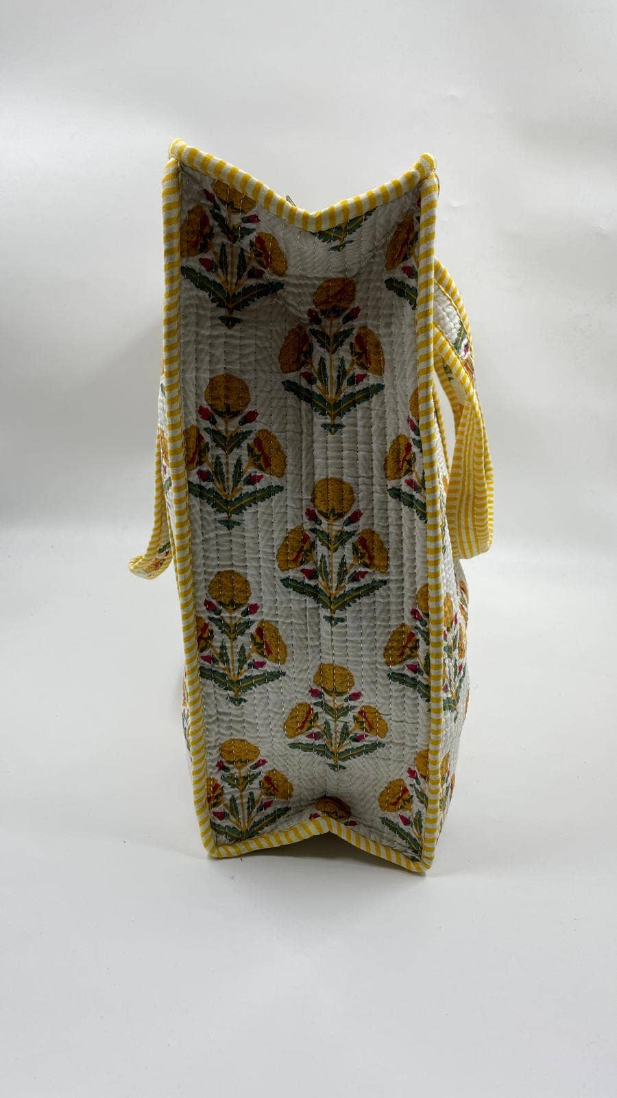 Kantha White/Yellow Quilted Tote Bag with Zip