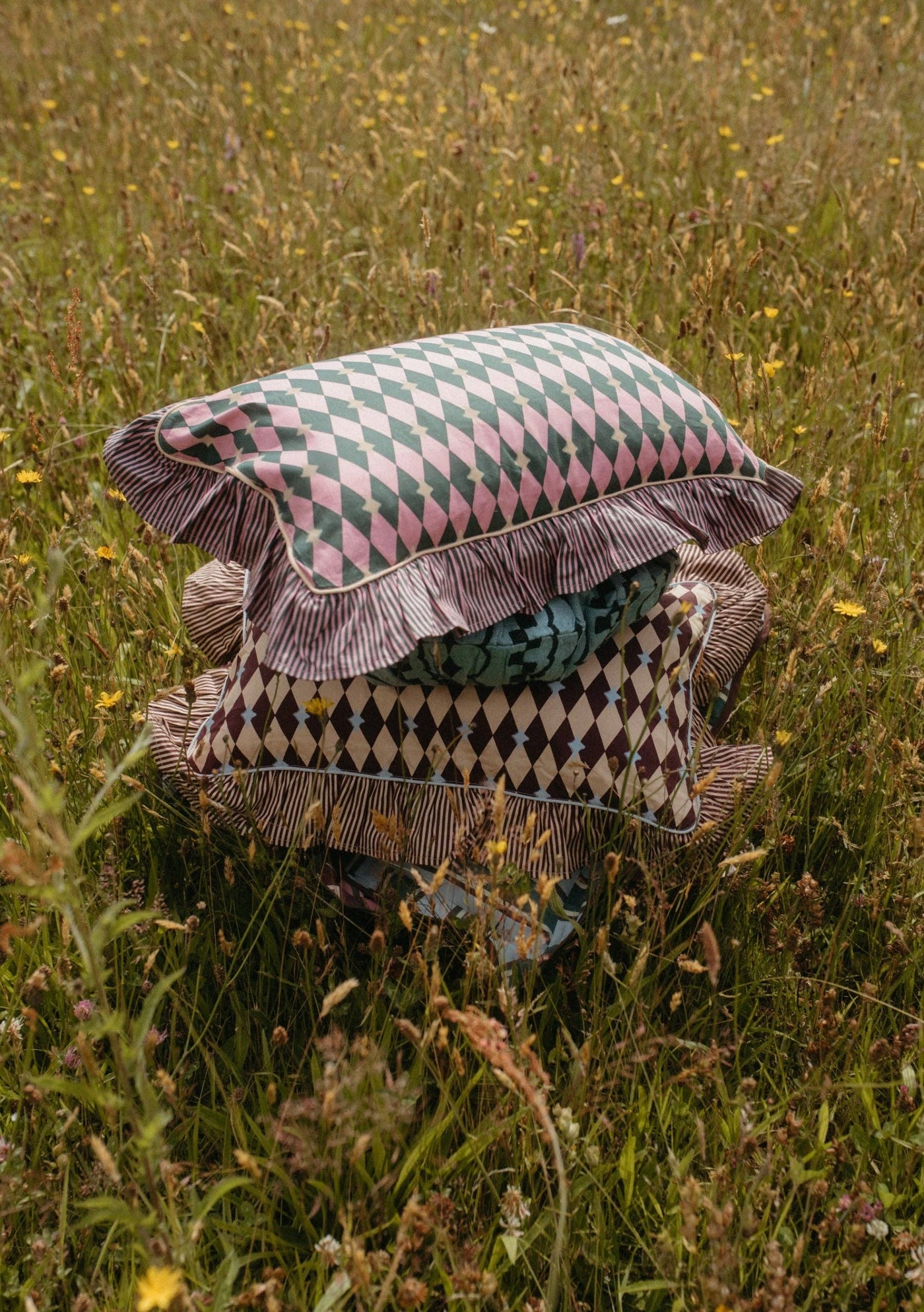 Cotton Cushion in Camel Harlequin