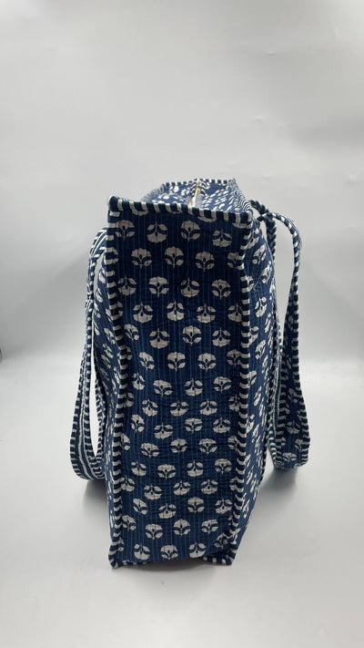 Kantha Quilted Blue/White Floral Tote Bag with Zip