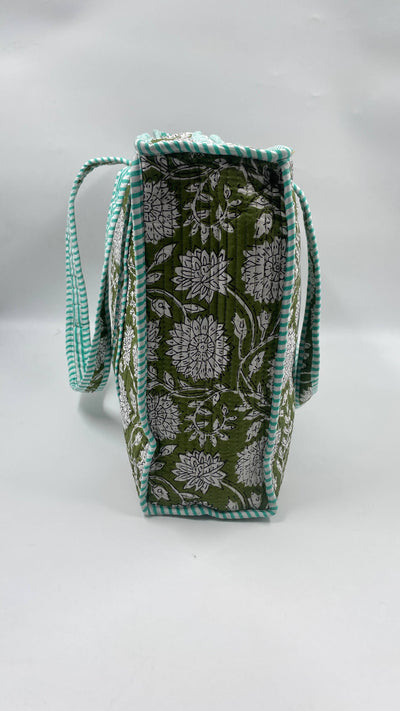 Kantha Greern/Mint Quilted Floral Reversible Tote Bag