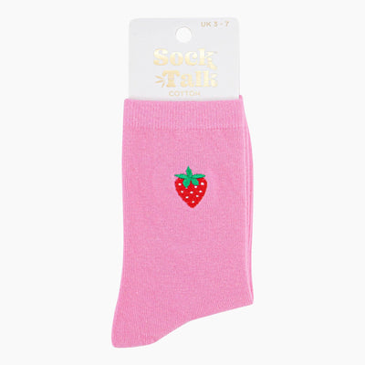 Women's Embroidered Socks - Pink, Strawberry