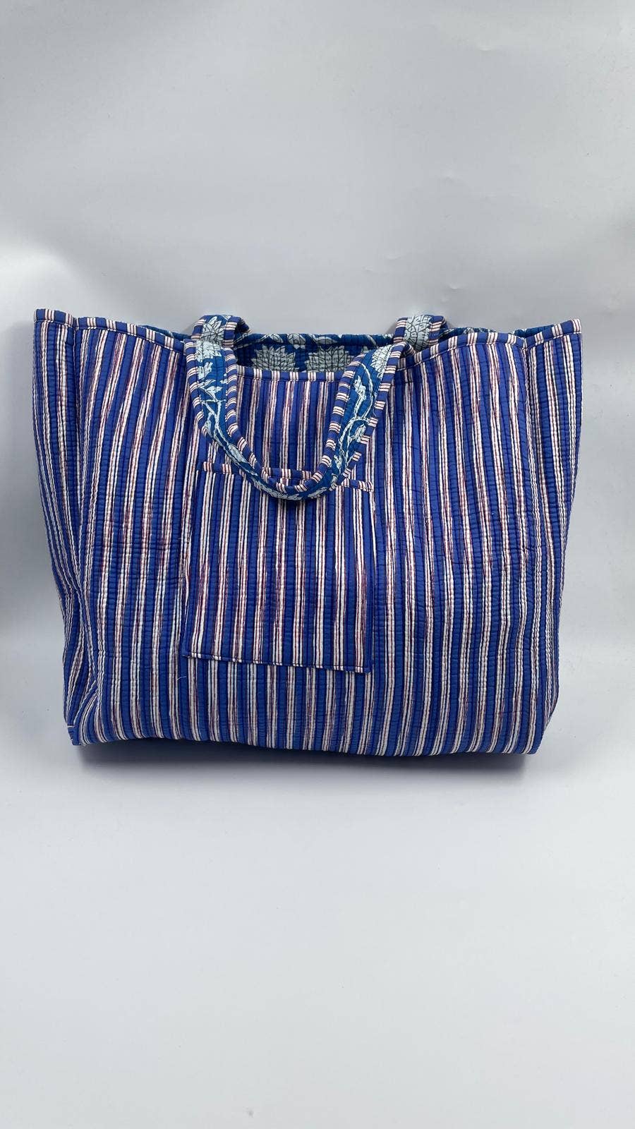 Kantha Blue Big Flower Quilted Reversible Tote Bag