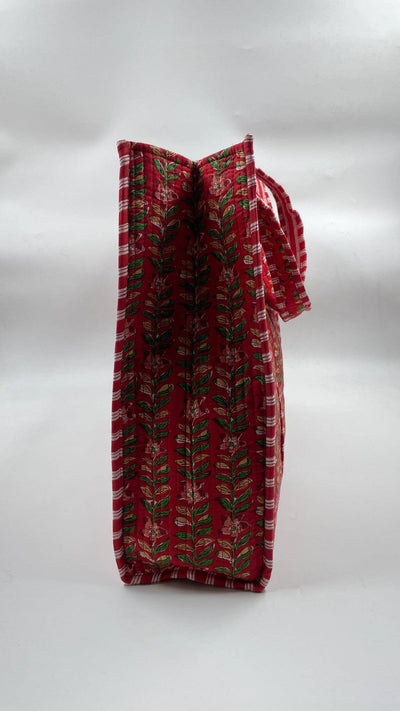 Kantha Red/Green Quilted Reversible Floral Tote Bag