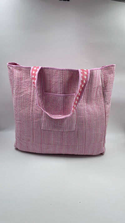 Kantha Quilted Pink Checked Reversible Tote Bag