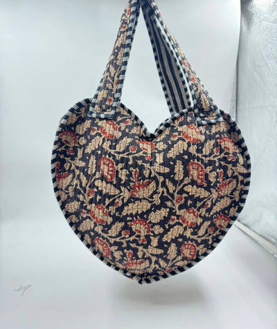 Kantha Quilted Black/Brown Heart Reverseable Tote Bag