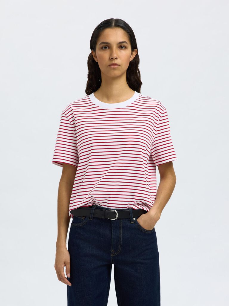 SlfEssential SS Striped Boxy Tee Bright Red