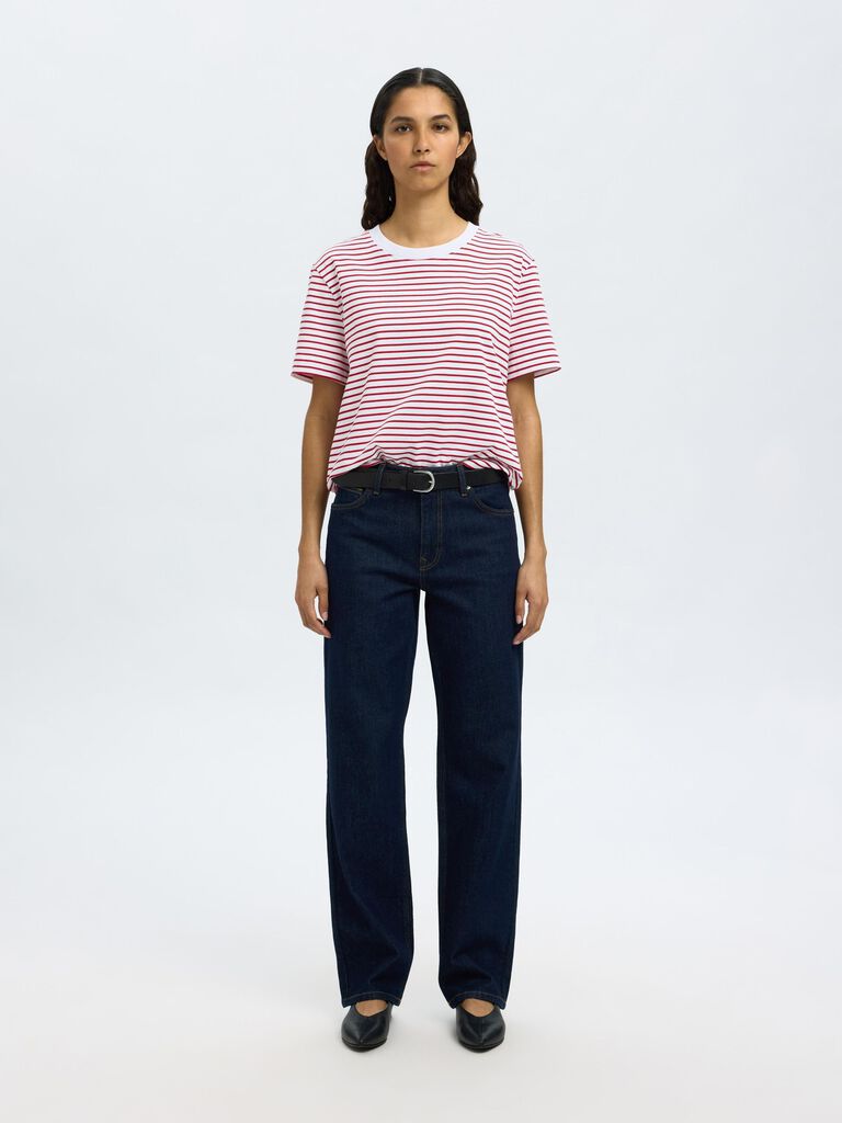 SlfEssential SS Striped Boxy Tee Bright Red