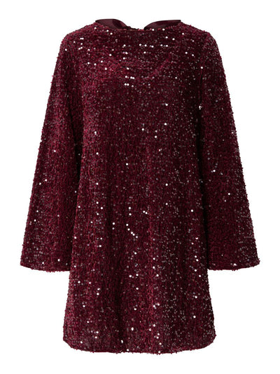 PcKam LS Back Bow Dress Tawny Port Sequins