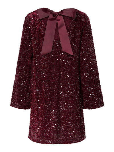 PcKam LS Back Bow Dress Tawny Port Sequins