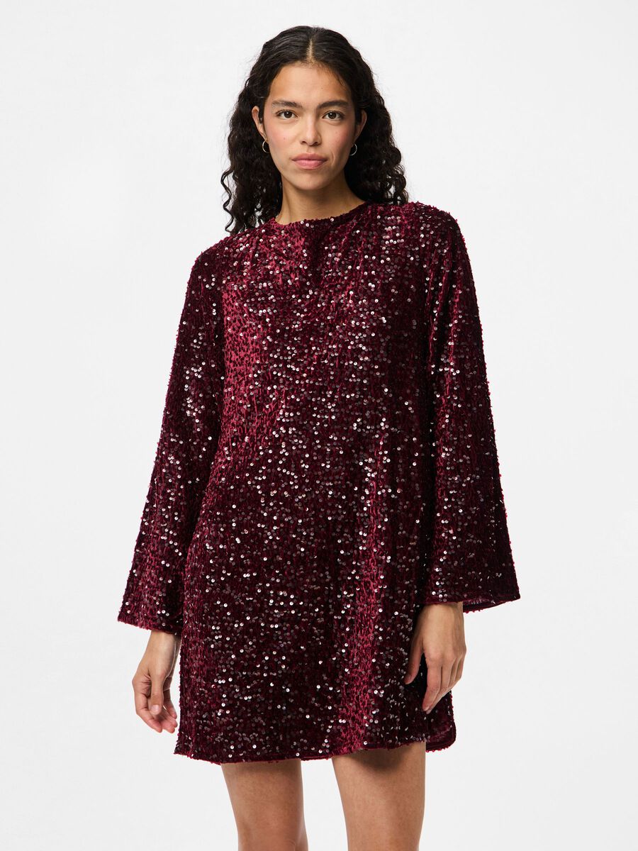 PcKam LS Back Bow Dress Tawny Port Sequins