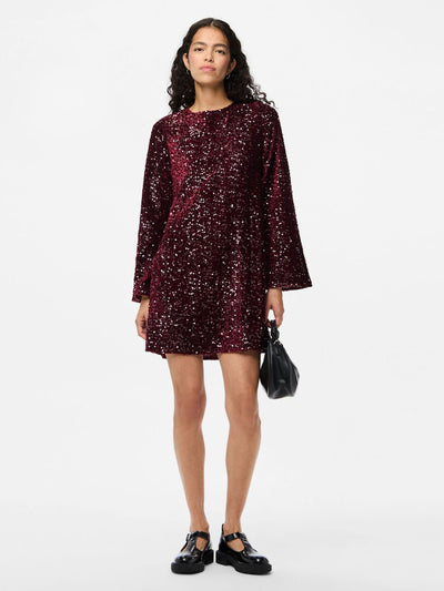 PcKam LS Back Bow Dress Tawny Port Sequins