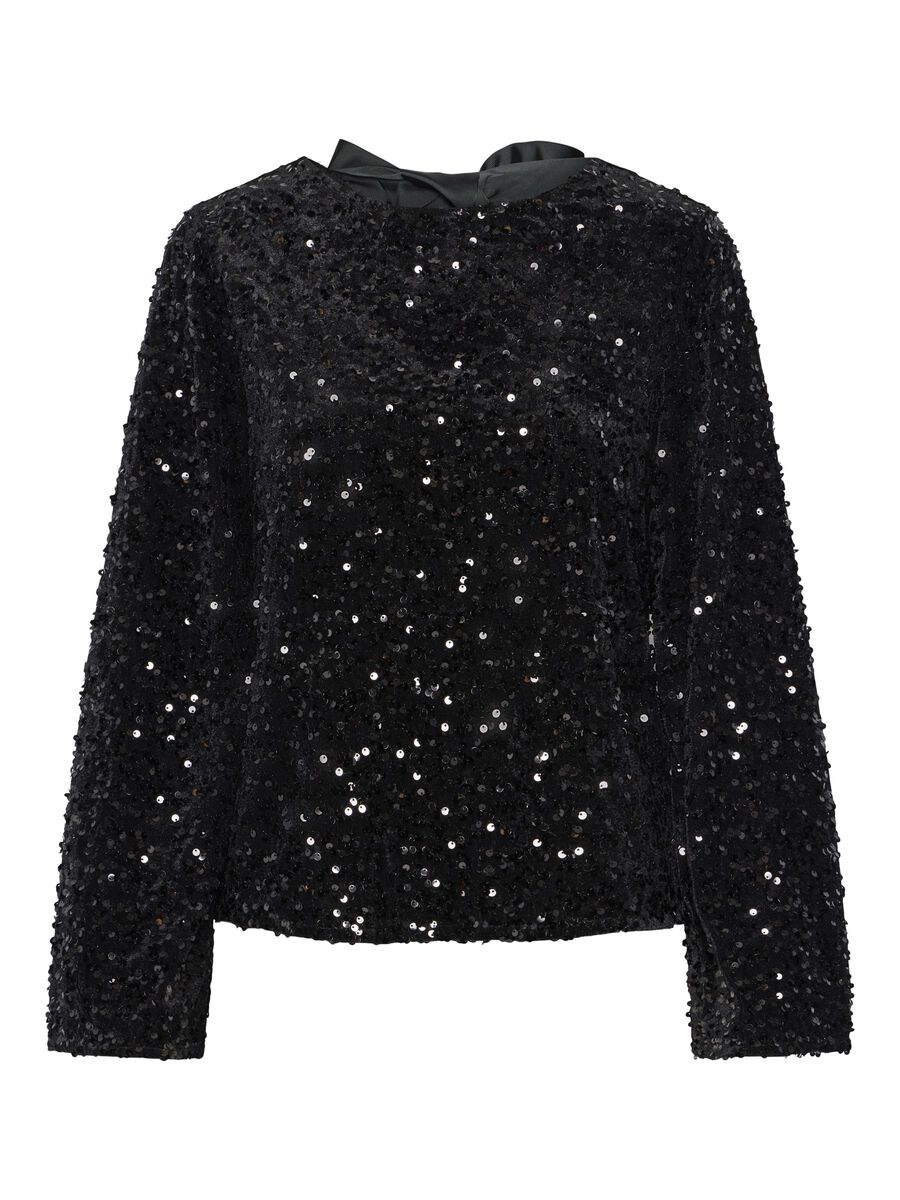 PcKam LS Back Bow Top Black Sequins