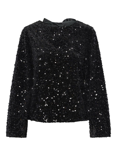PcKam LS Back Bow Top Black Sequins