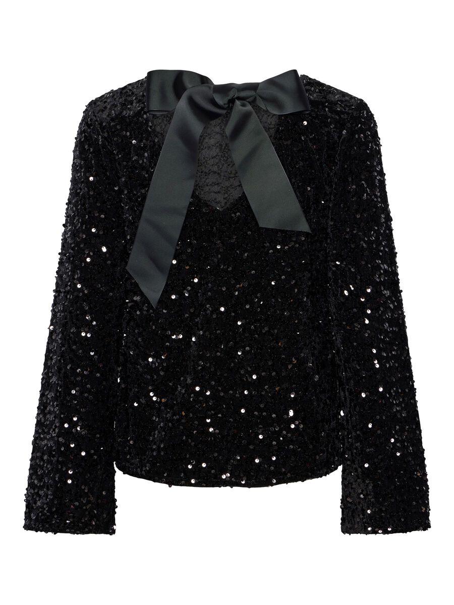 PcKam LS Back Bow Top Black Sequins