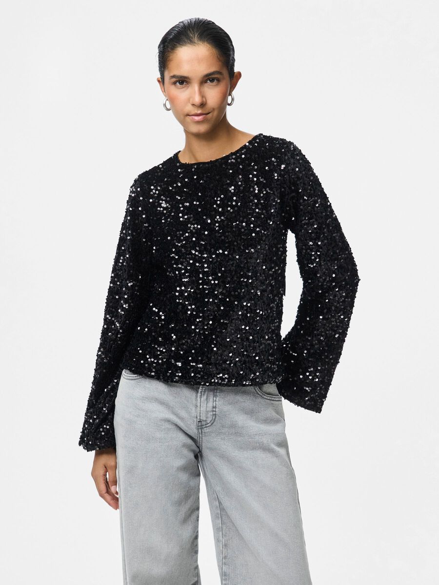 PcKam LS Back Bow Top Black Sequins
