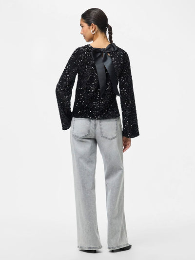 PcKam LS Back Bow Top Black Sequins