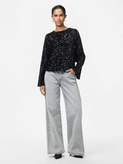PcKam LS Back Bow Top Black Sequins