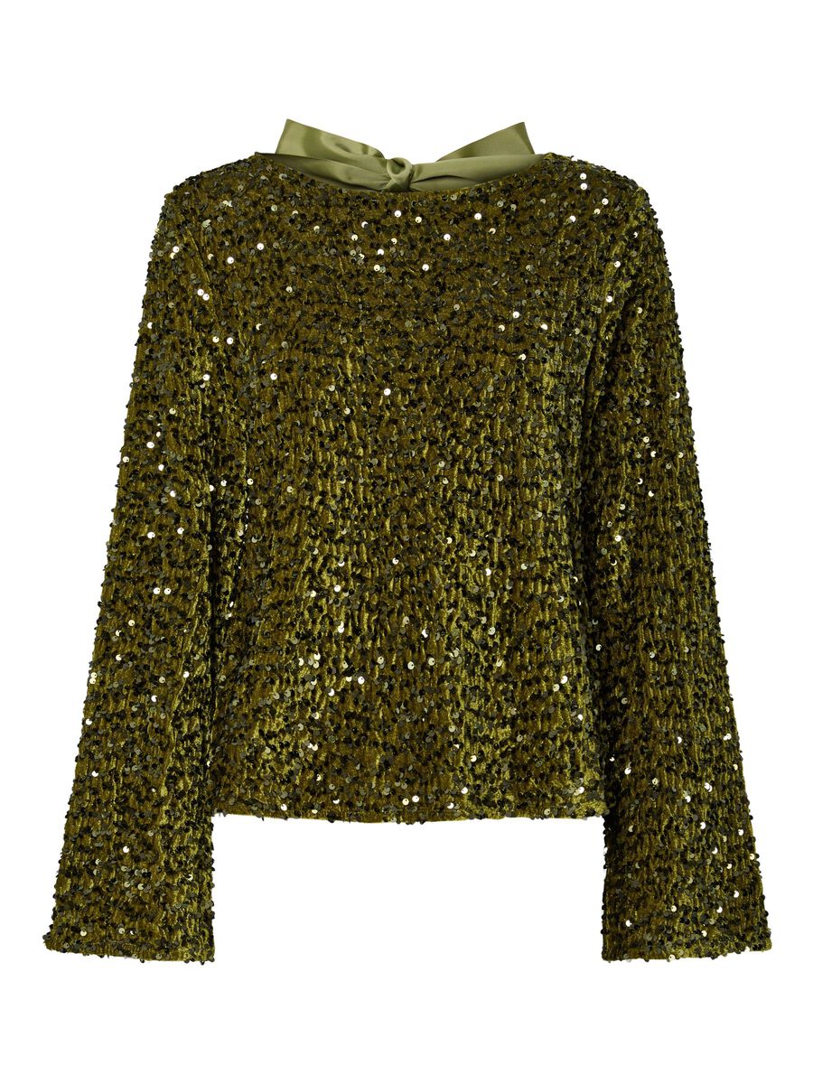 PcKam LS Back Bow Top Kalamata Green Sequins