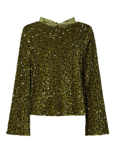 PcKam LS Back Bow Top Kalamata Green Sequins