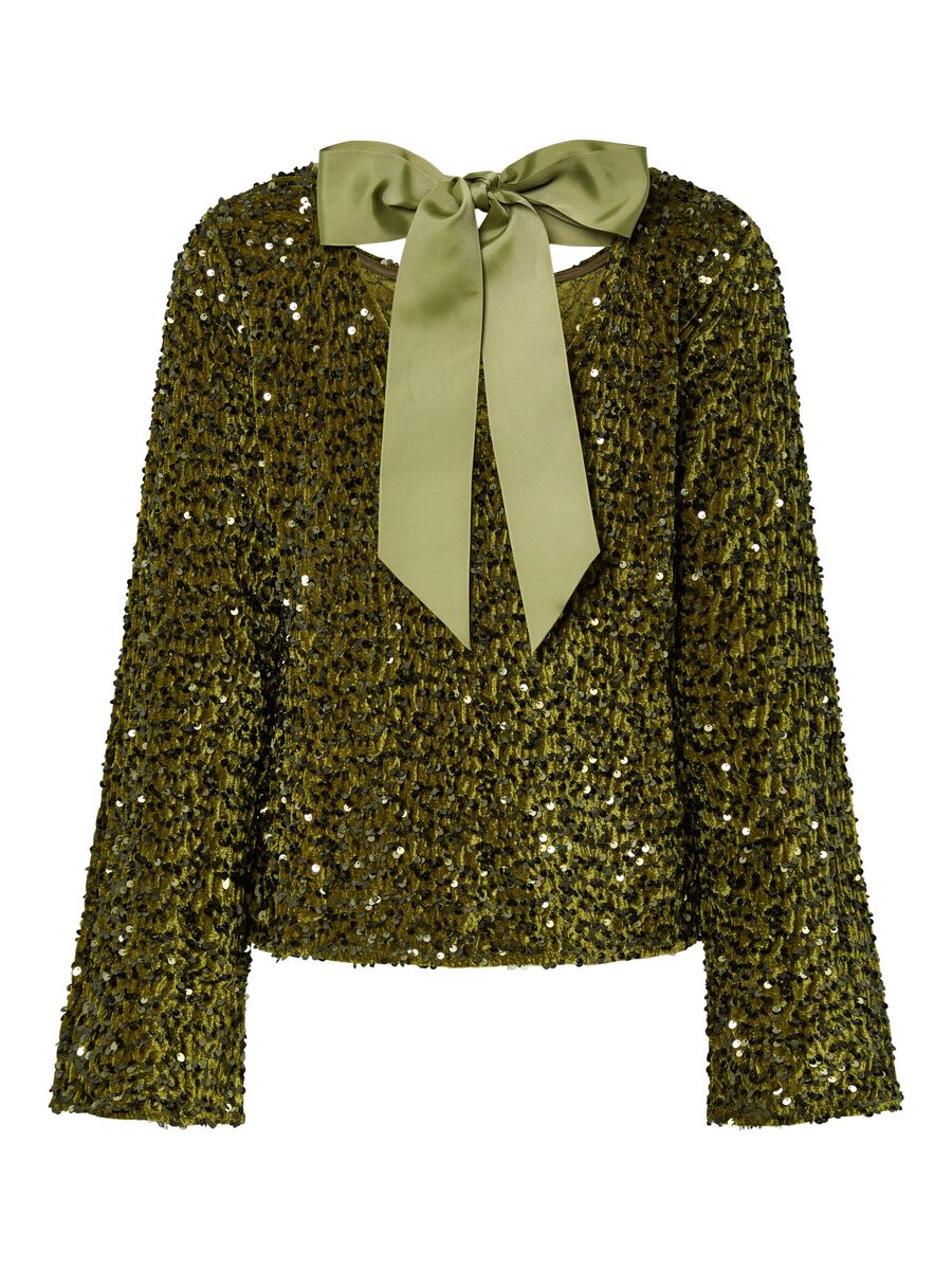 PcKam LS Back Bow Top Kalamata Green Sequins