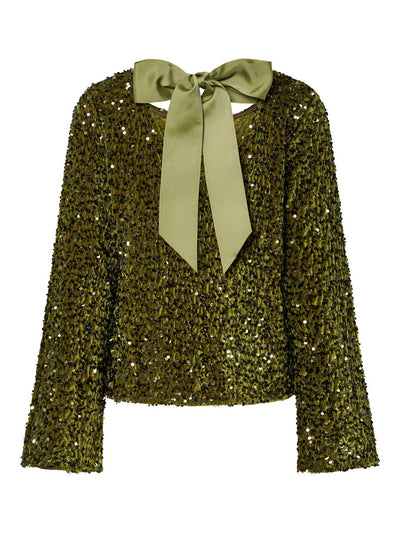 PcKam LS Back Bow Top Kalamata Green Sequins