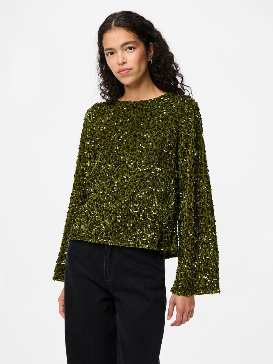 PcKam LS Back Bow Top Kalamata Green Sequins