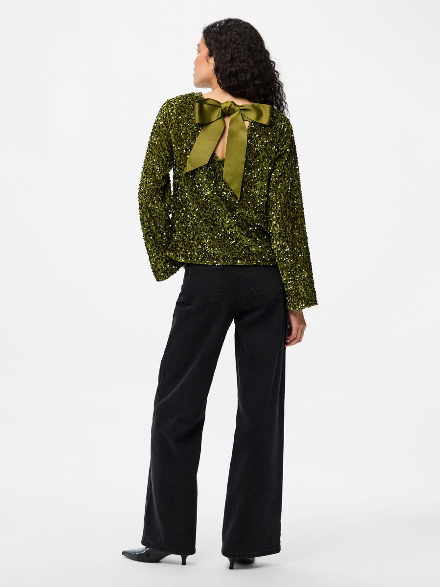 PcKam LS Back Bow Top Kalamata Green Sequins