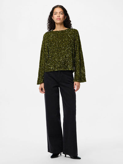 PcKam LS Back Bow Top Kalamata Green Sequins