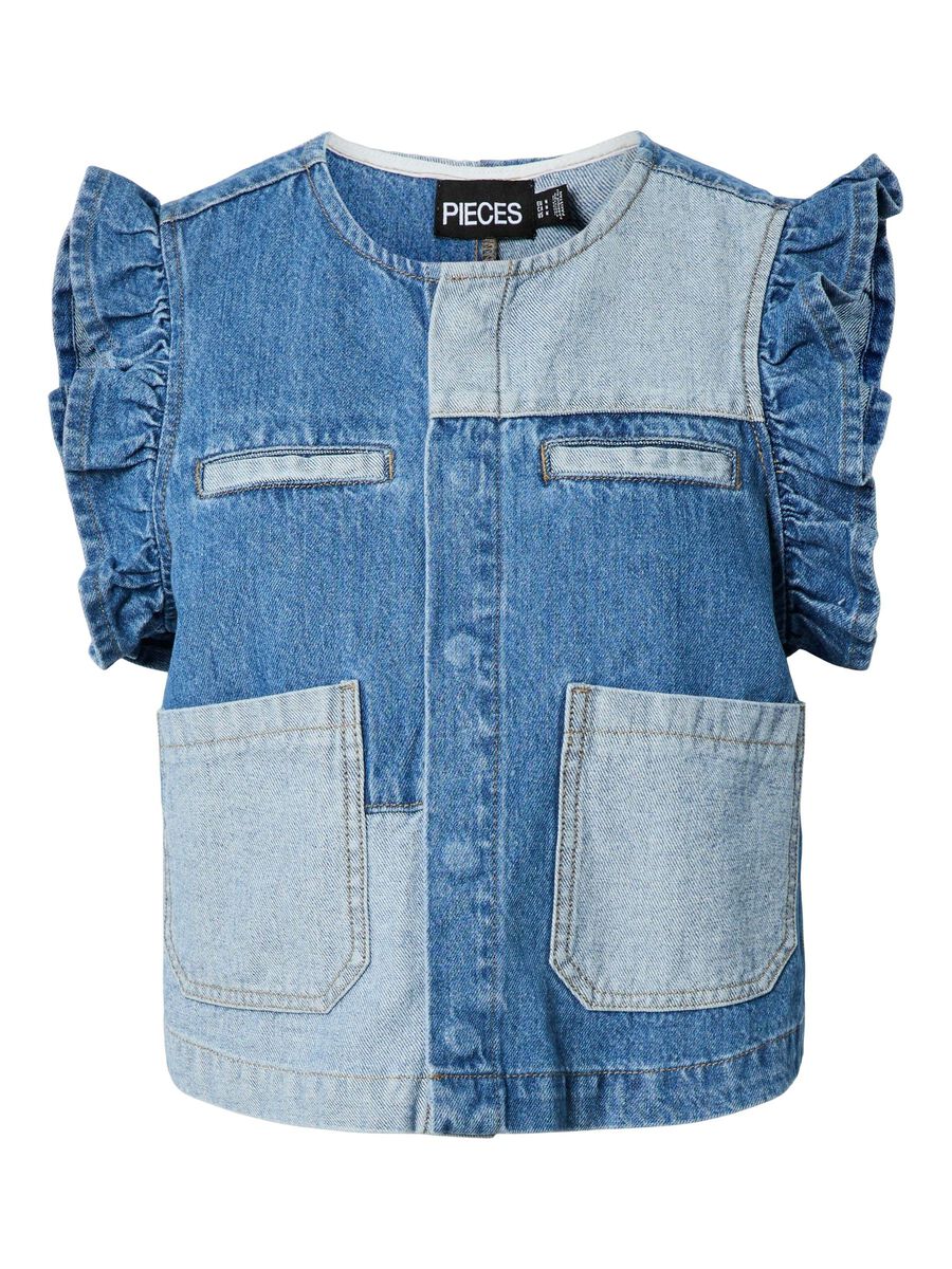 PcFie Patchwork Denim Waistcoat Dark Blue
