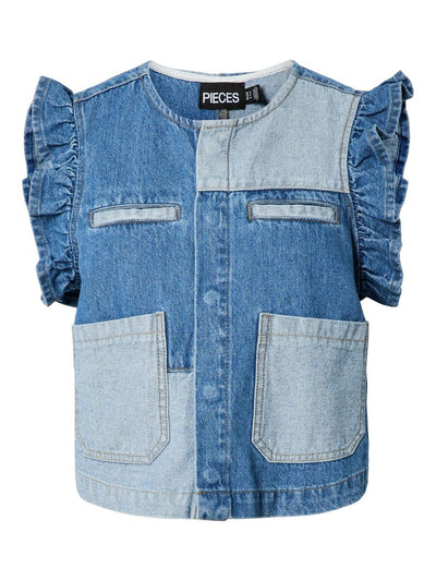 PcFie Patchwork Denim Waistcoat Dark Blue