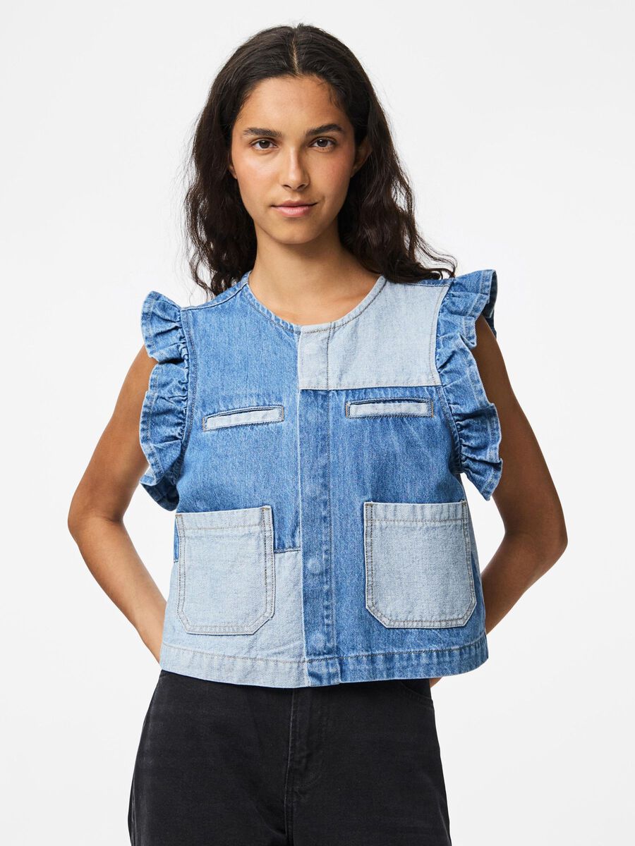 PcFie Patchwork Denim Waistcoat Dark Blue