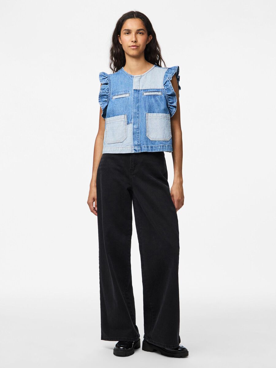 PcFie Patchwork Denim Waistcoat Dark Blue