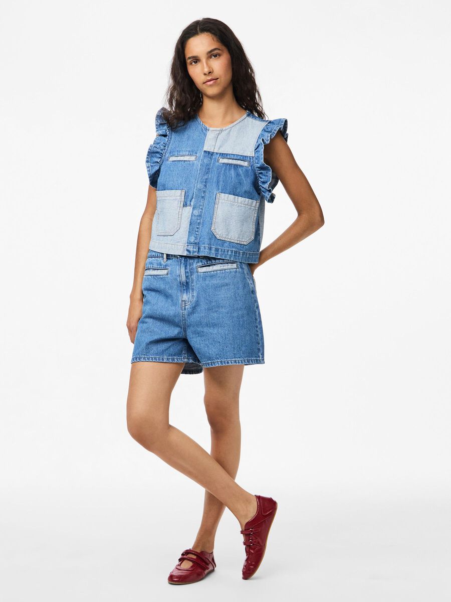 PcFie Patchwork Denim Waistcoat Dark Blue