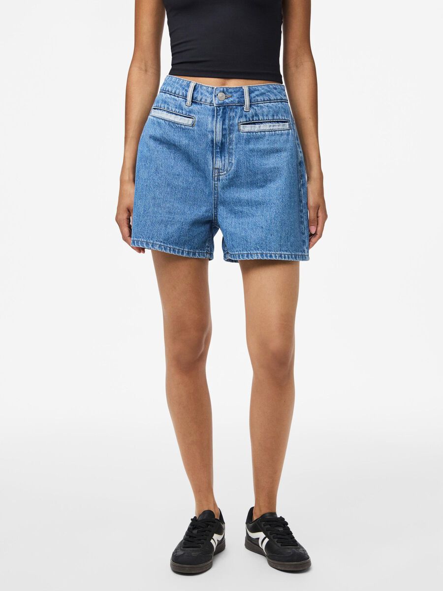 PcFie Patchwork Denim Shorts Dark Blue