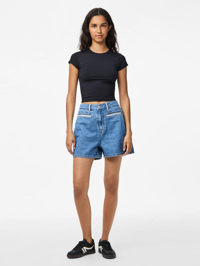 PcFie Patchwork Denim Shorts Dark Blue