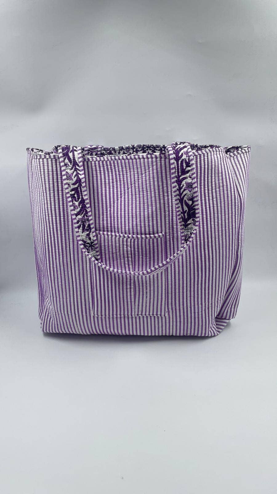 Kantha Purple/White Quilted Floral Reversible Tote Bag
