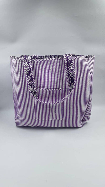 Kantha Purple/White Quilted Floral Reversible Tote Bag