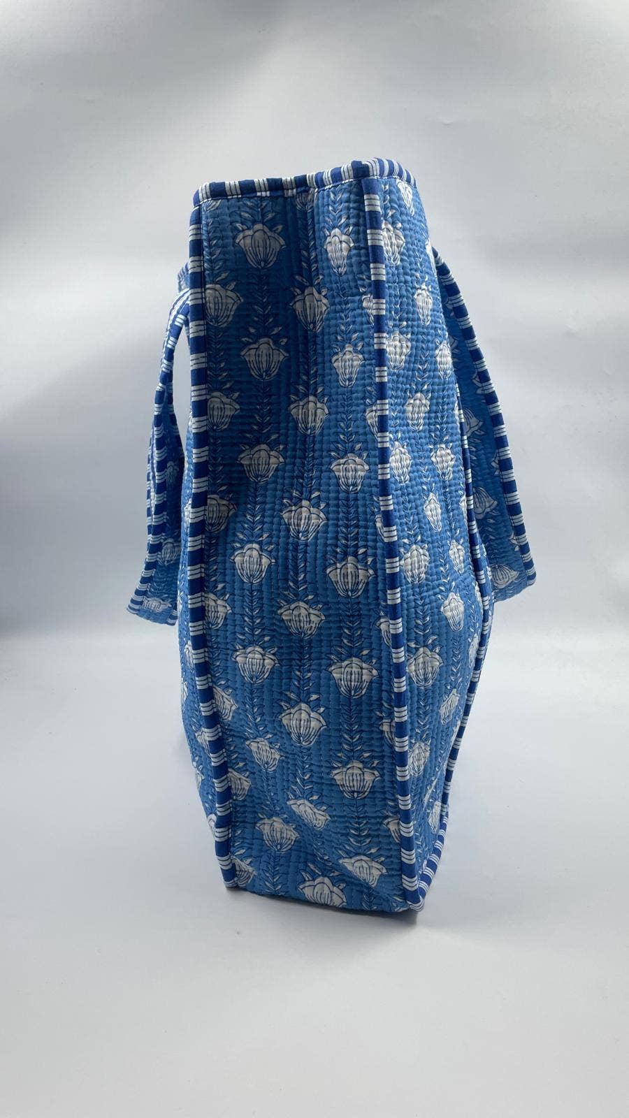 Kantha Blue Small Flowers Quilted Reversible Tote Bag