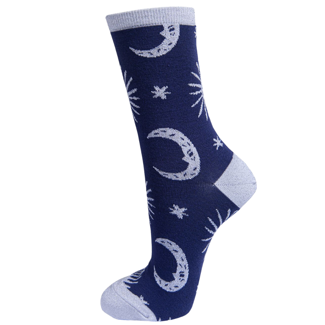 Womens Silver Glitter Socks Moon Star Sparkly Sock