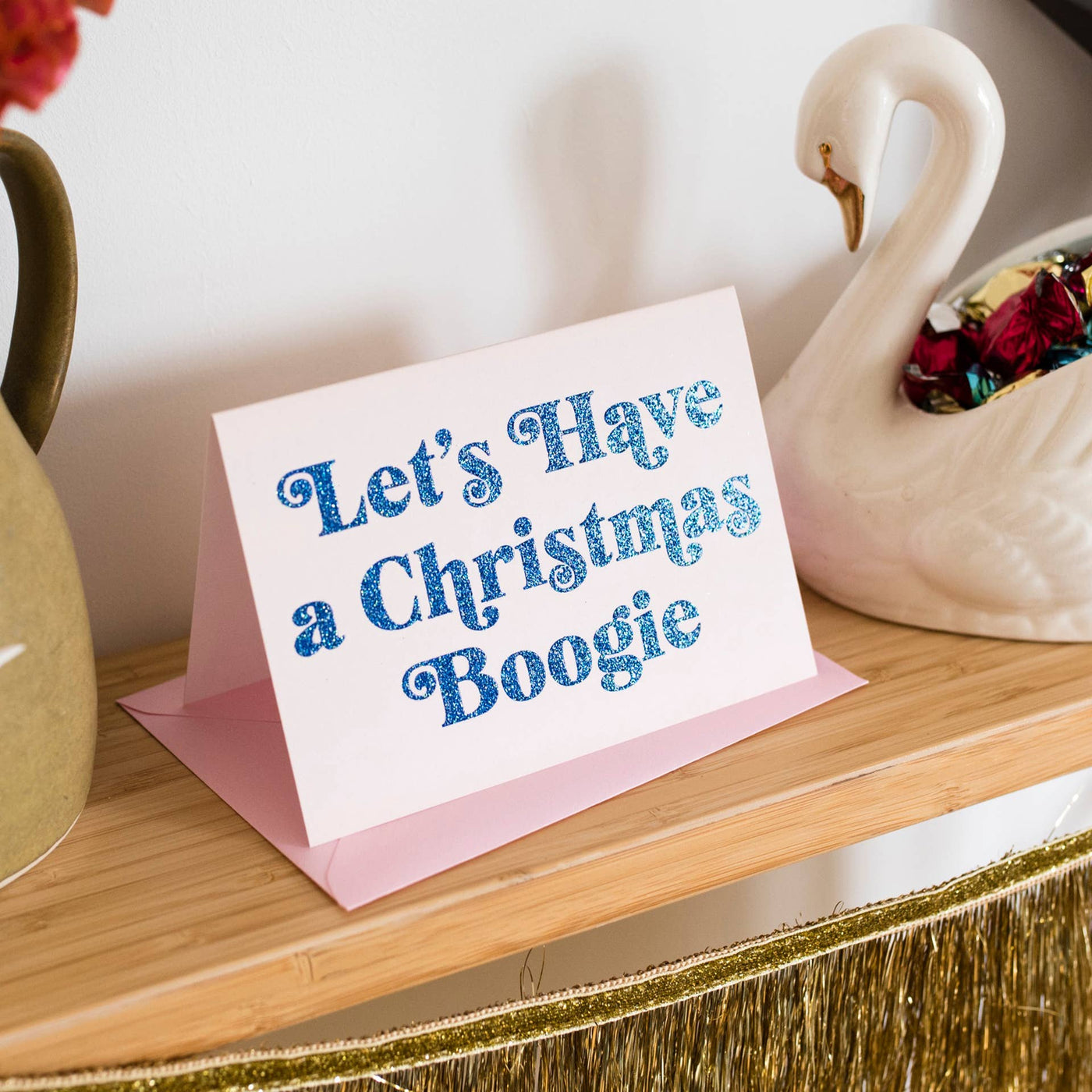 'Let's Have a Christmas Boogie' Retro Blue Glitter Card: Cello