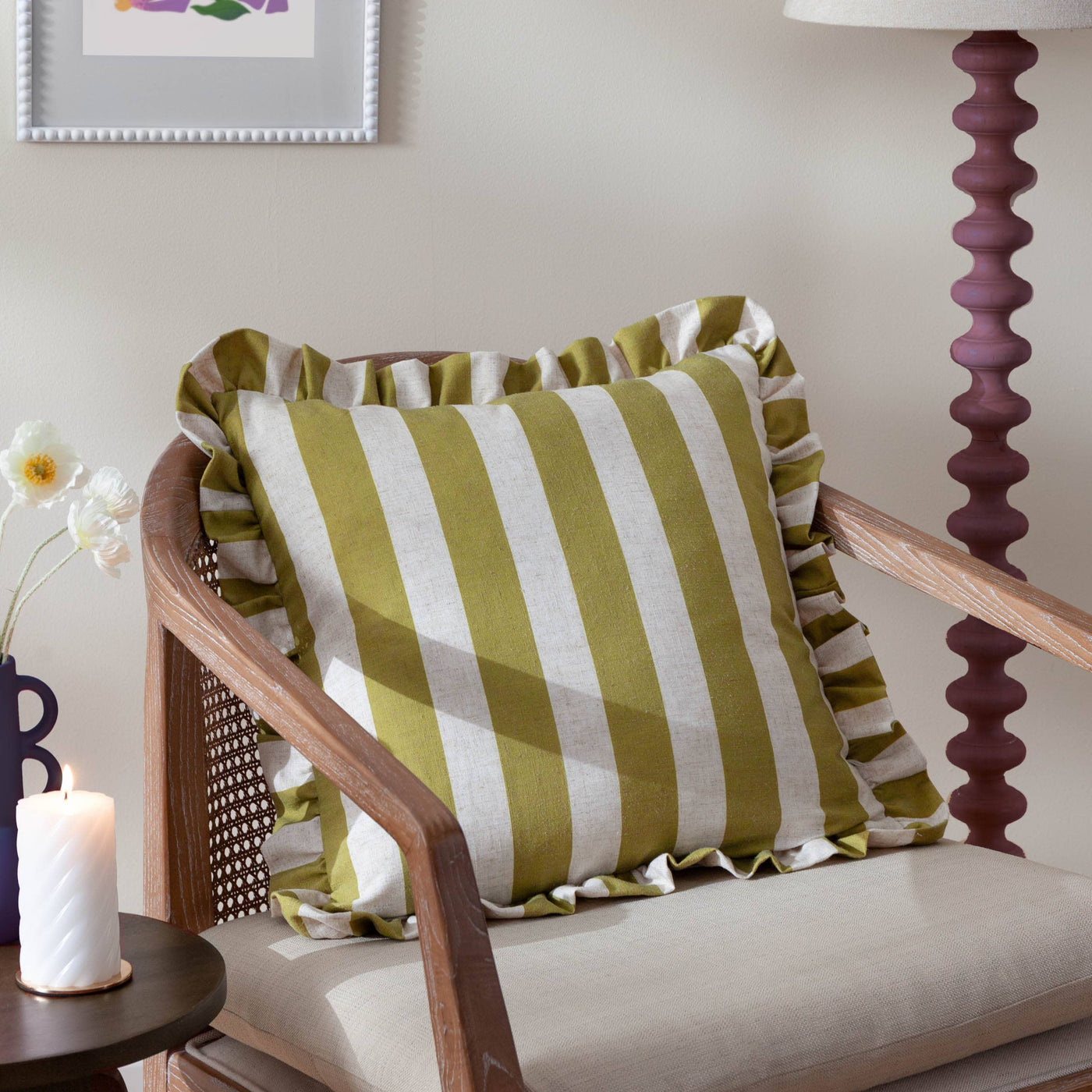 Linen Stripe Printed Ruffle Cushion Linen/Olive: Linen/Olive / Cover Only / 50 x 50cm
