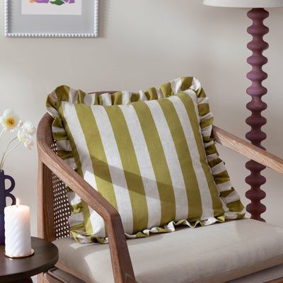 Linen Stripe Printed Ruffle Cushion Linen/Olive: Linen/Olive / Cover Only / 50 x 50cm