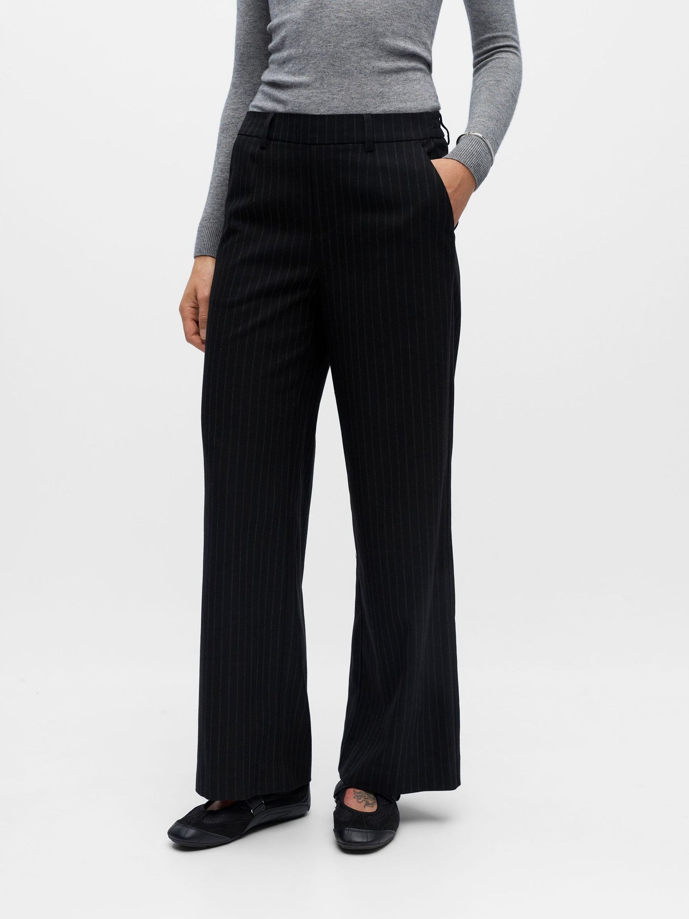 ObjLisa Wide Leg Trousers Black/Grey Pinstripes