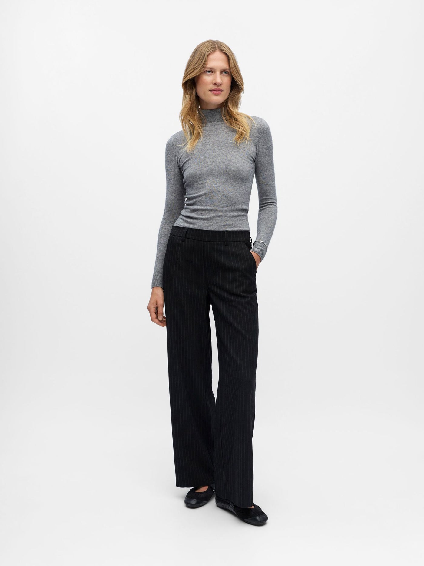 ObjLisa Wide Leg Trousers Black/Grey Pinstripes