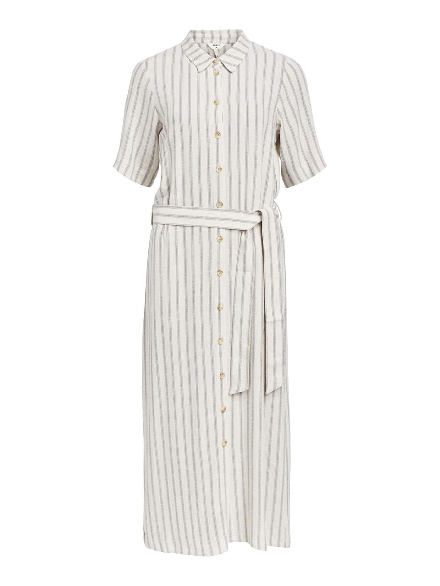 Linen Blend Midi Striped Shirt Dress