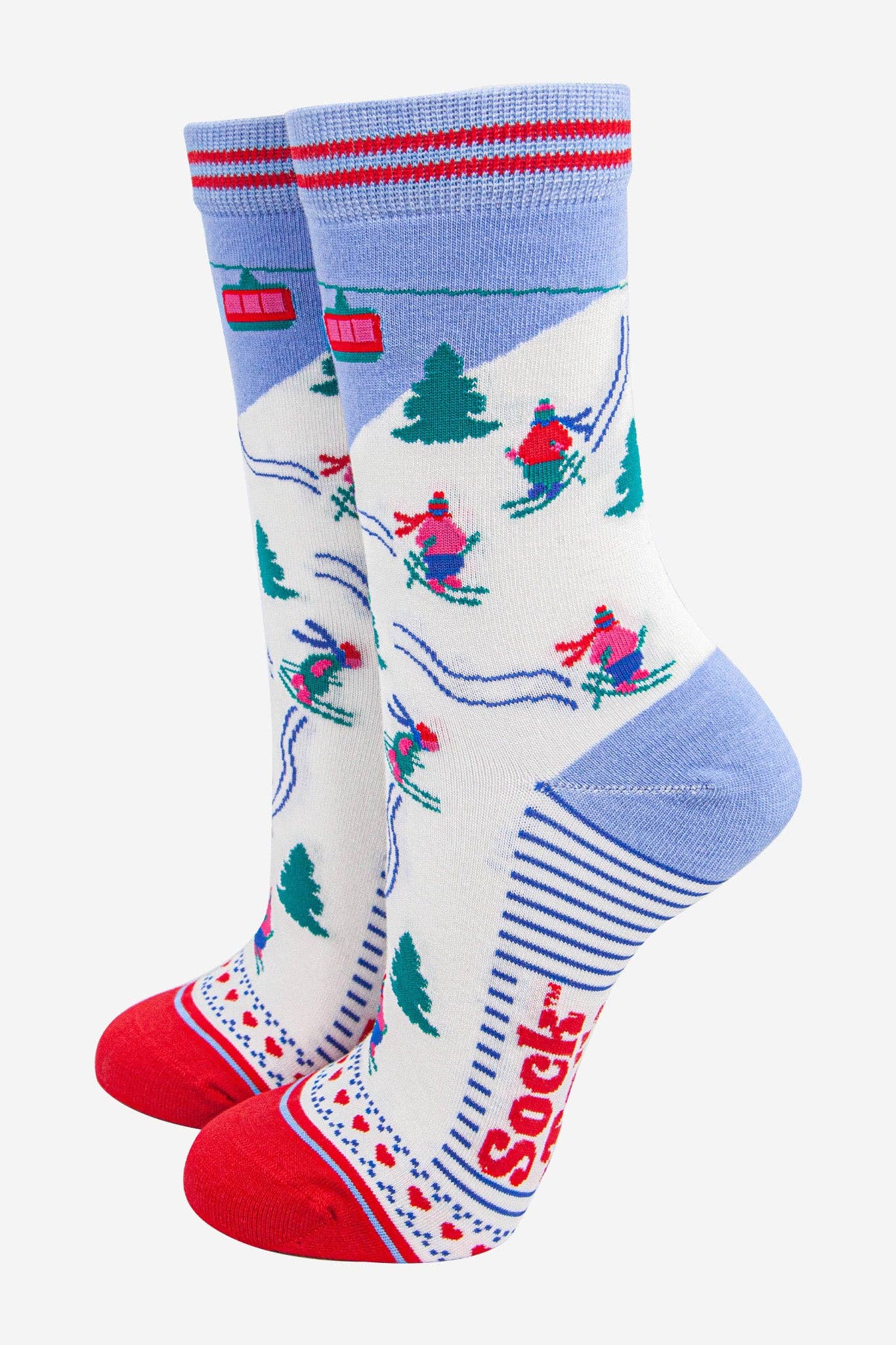 Women's Bamboo Socks - Sky Blue/Red, Mountain Ski