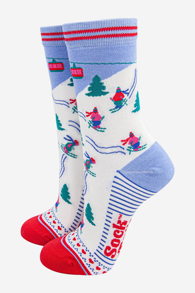 Women's Bamboo Socks - Sky Blue/Red, Mountain Ski