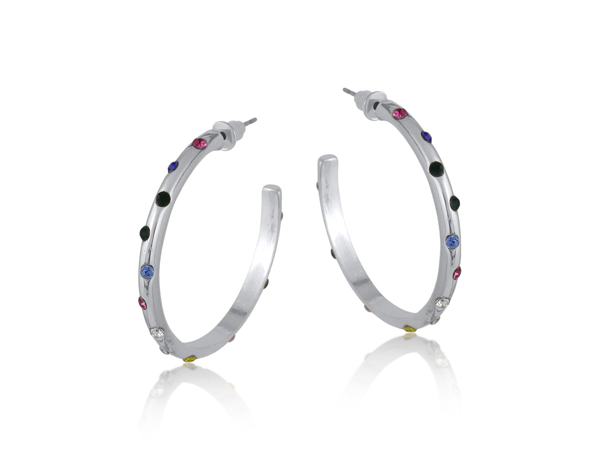 Ginette Rainbow Stone Thin Hoops Silver