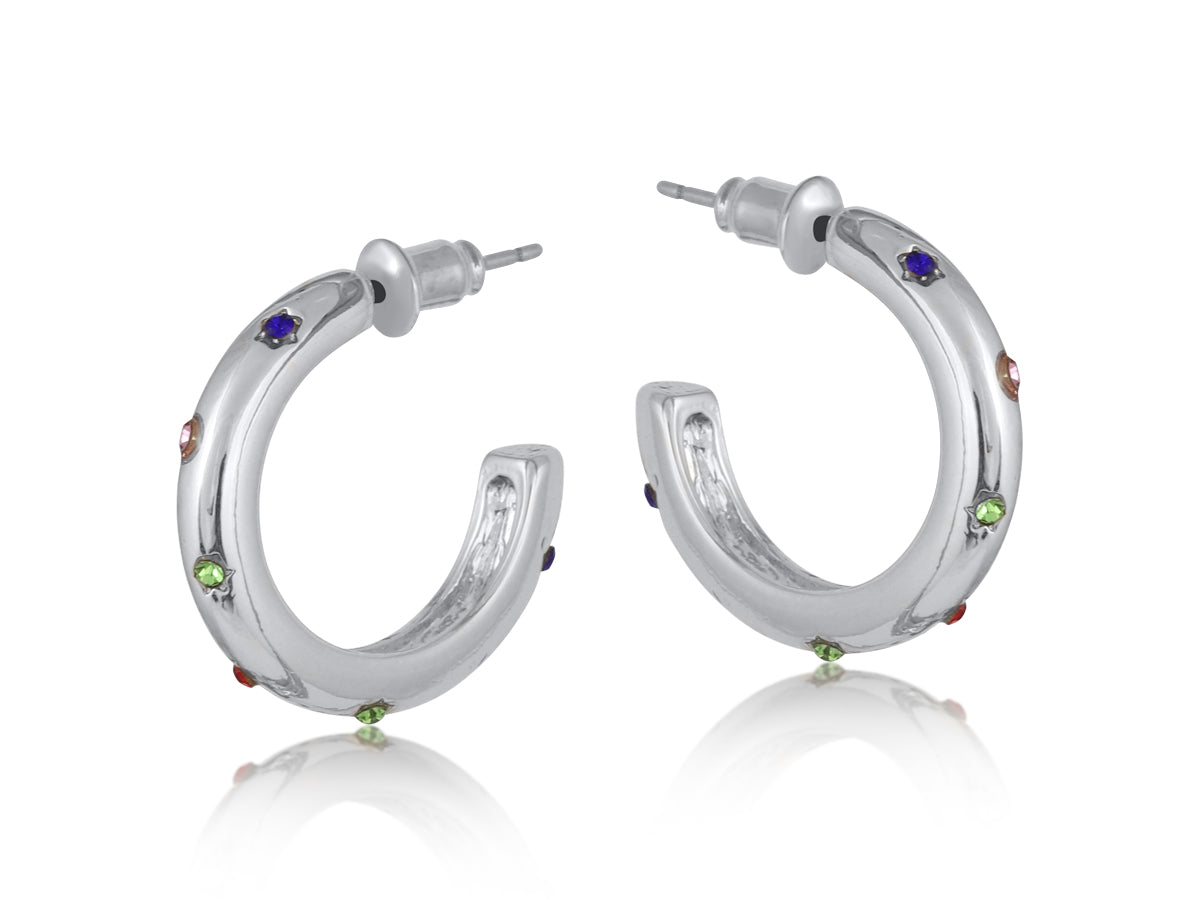 Ginette Rainbow Stones Small Hoops Silver