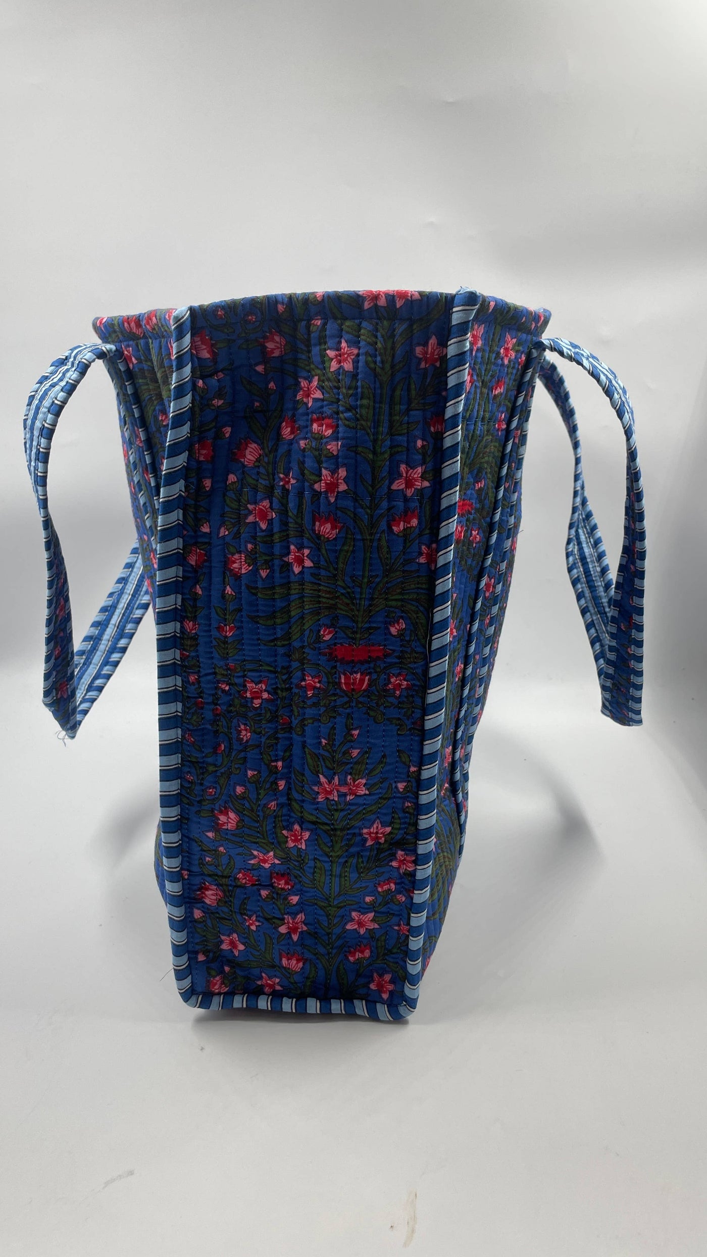 Kantha Quilted Dark Blue/Pink DB Floral Reversible Tote Bag